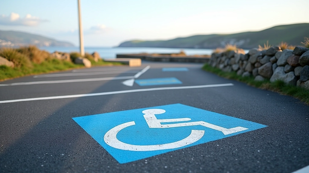 Accessible parking area with marked spaces near coastal path entrance, clear signage and level surface