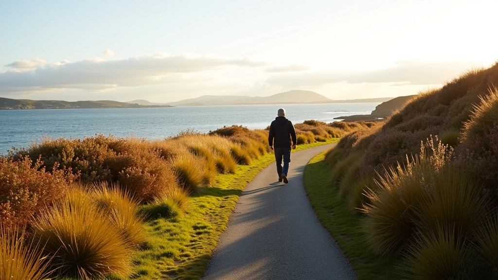 Coastal path in autumn with clear weather, golden light, calm ocean and autumn vegetation