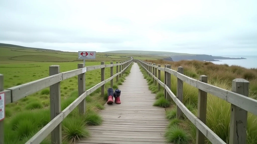 Coastal walking path with safety railings and directional signage, green landscape and sea view