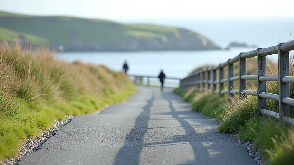 Mixed walking surfaces showing tarmac path transitioning to gravel, coastal scenery with safety railings