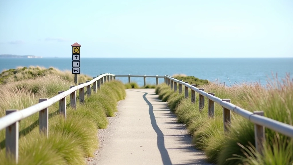 Coastal path with safety railings, green grass, ocean view, signpost indicating walking routes
