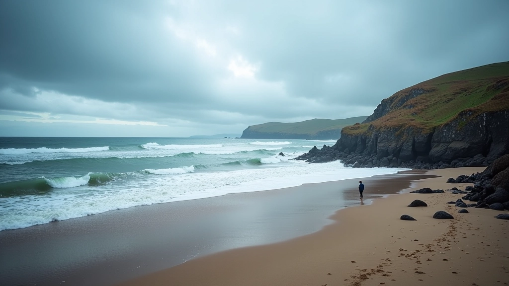Moody coastal landscape with dramatic sky, waves, and rugged beach terrain during changing seasons