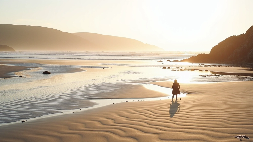 Expansive sandy beach at low tide with rippled sand patterns, shallow tidal pools, and distant rocky headland