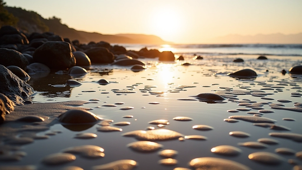 Rocky outcrops and wet sand at Dog's Bay beach during low tide, revealing natural tidal patterns and smooth sand texture