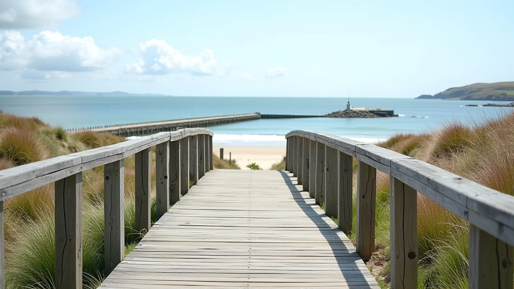 Coastal car park with parking spaces, beach entrance sign, boardwalk leading to sandy beach, blue sky