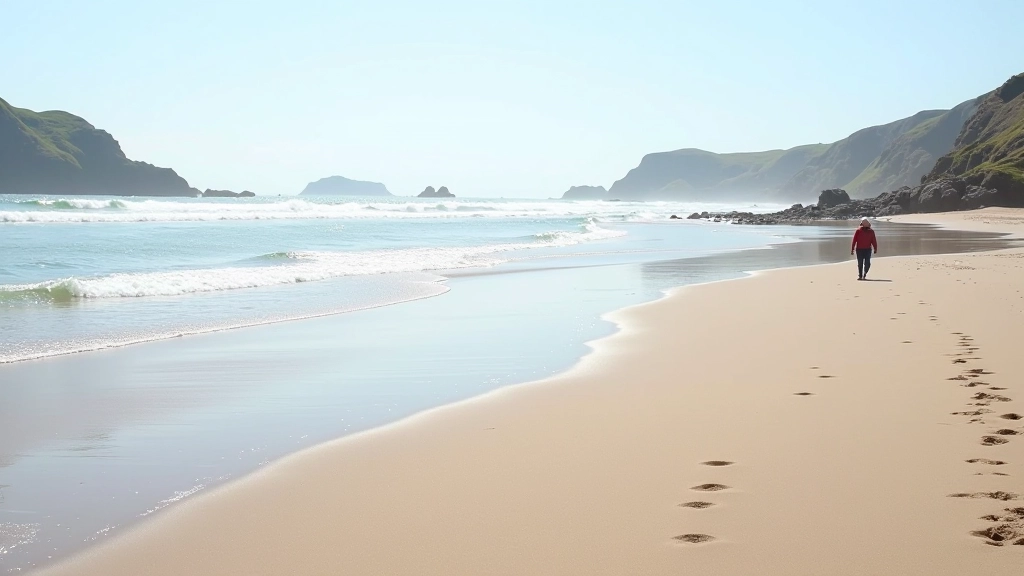 Wide sandy beach at low tide with gentle waves and exposed sand patterns