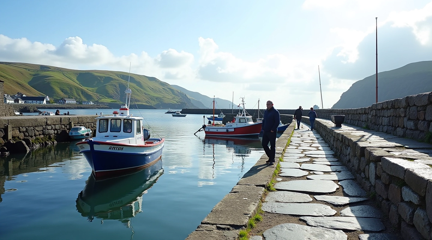 Roundstone harbour with traditional fishing boats and stone pier walkway