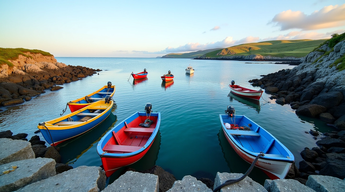 Colourful fishing boats moored at Roundstone Harbour with calm blue water and rocky shoreline