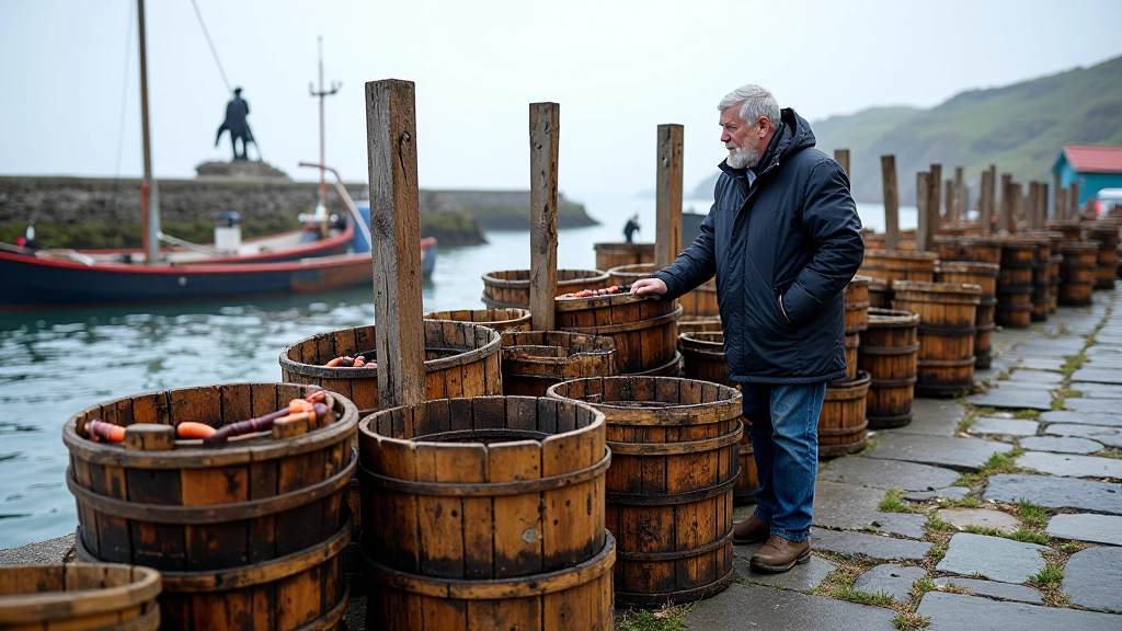 Wooden lobster pots stacked on stone pier with traditional fishing equipment