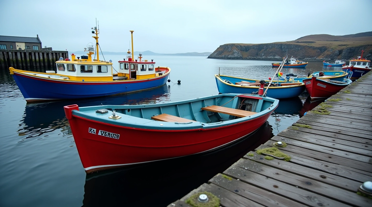 Colourful fishing boats moored at a working harbour, wooden dock in foreground, calm water reflecting sky