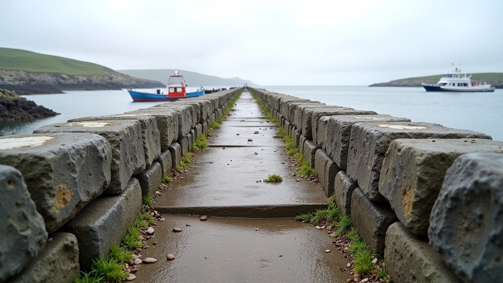 Traditional stone pier with weathered texture, lobster pots, and sea access steps, overcast coastal weather