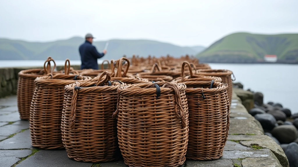Wooden lobster pots stacked on a stone pier, traditional fishing gear, sea and hills in background