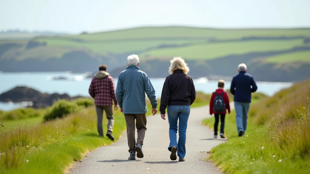 Group of people of mixed ages walking on coastal path, enjoying sea views, casual walking clothes
