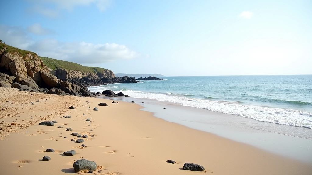 Wide sandy beach with low tide, gentle waves, rocky outcrops visible, beach path marked with small stones