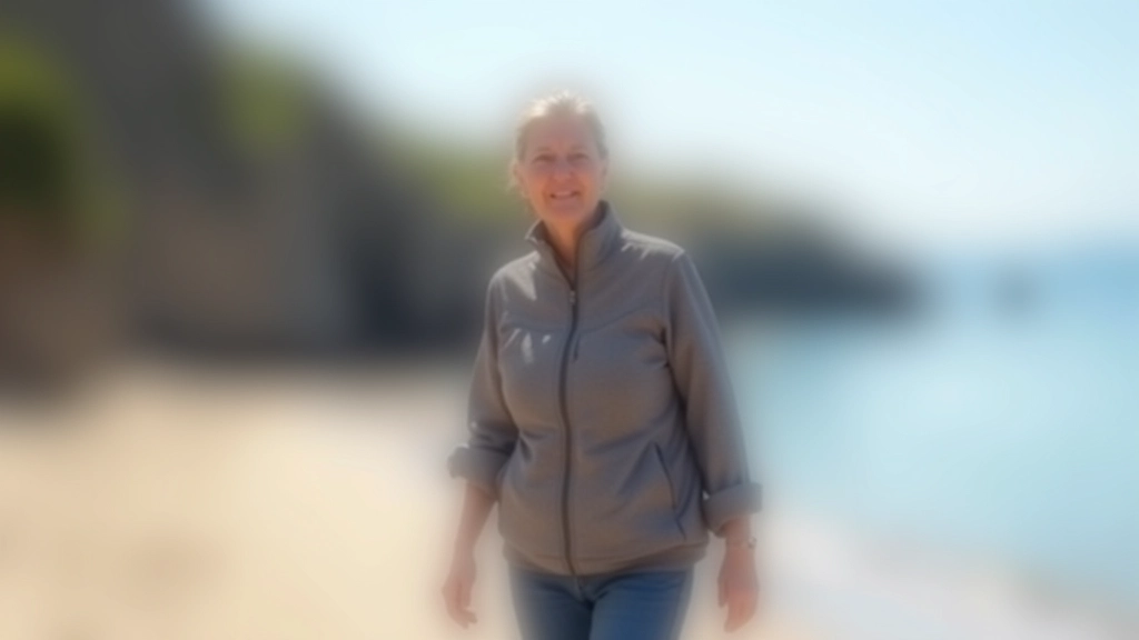 Beach walker on sandy shore with blue sky, white cliffs visible in background, calm conditions, daytime coastal walk